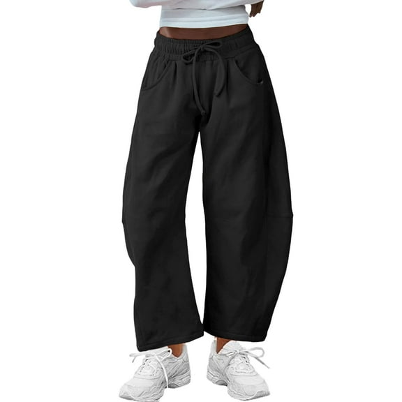 Lentta Women's Barrel Leg Sweatpant Drawstring Elastic Waisted Wide Leg Pants Casual Cotton Palazzo Trousers with Pockets