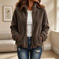 thumbnail image 2 of Fleece Jacket Women Solid Color Stand Collar Zip Up Fuzzy Short Coat with Pockets for Fall Daily Wear and Casual Outings, 2 of 8