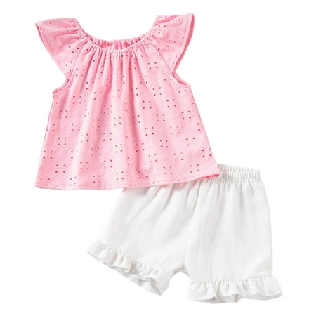 eczipvz Toddler Girl Clothes 2Pcs Baby Girl Summer Outfits Ruffle Sleeveless Tank Shirts Tops + Shorts Clothing Sets Pink 12-24 Months