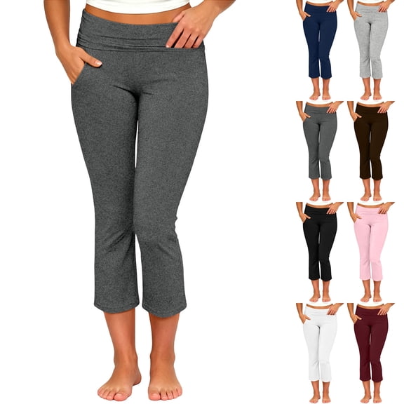 WAGUTH Women's Capri Flared Yoga Pants Fold Over High Waist Stretch Cropped Pants Bootcut Workout Slim Fit Casual Capris with Side Pockets,Dark Gray,S