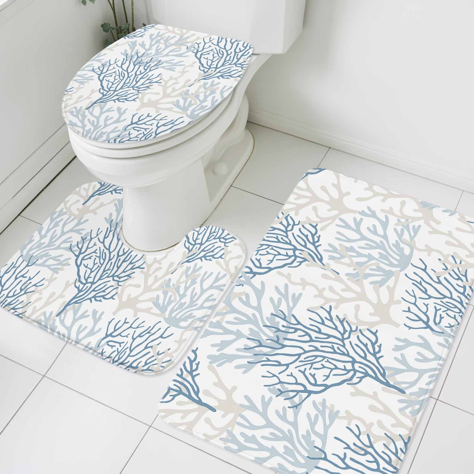 Blue Grey Coral Coastal Bath Mat 3 Piece Bathroom Rug Set, Summer Beach Seaside Nautical Non Slip Bath Rug Contour Mat and Toilet Lid Cover, Absorbent Shower Mats Soft Bath Rugs and Mats Sets