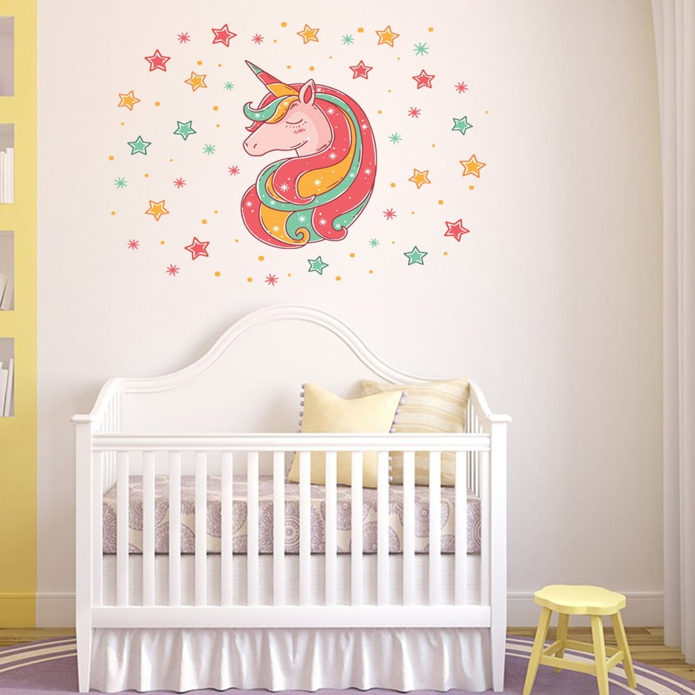Childrens Wall Stickers Rainbow Unicorn Nursery Bedroom Kids Art Cute Girly 