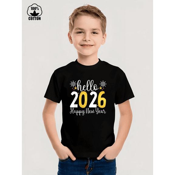Hello 2026 Happy New Year Graphic Iron-On Print Tees, Suitable For Boys and Girls,Size 3T-13Y