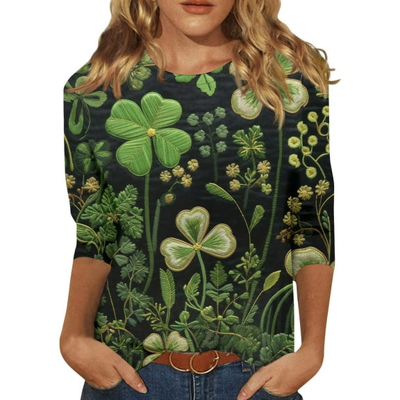 BDPORKAS Womens 3/4 Sleeve Tops Green Clover Shamrock St Patricks Day Shirt Women Funny Party Parade Graphic Novelty Tee Saint Patricks Day T Shirts