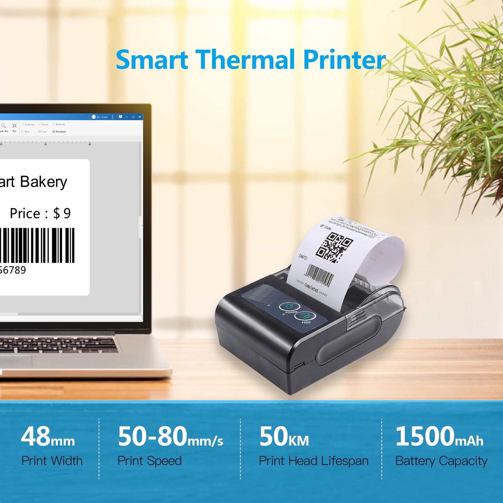 Aibecy 58mm  Portable Thermal Printer Wireless Label Receipt Shipping Express Printer USB BT Connection Support ESC/POS