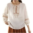 thumbnail image 3 of DDAPJ pyju Plus Size 3/4 Sleeve Tops for Women Cotton Linen V Neck Lace-Up Shirt Dressy Casual Embroidered Blouses Ofertas de verano White XL, 3 of 5