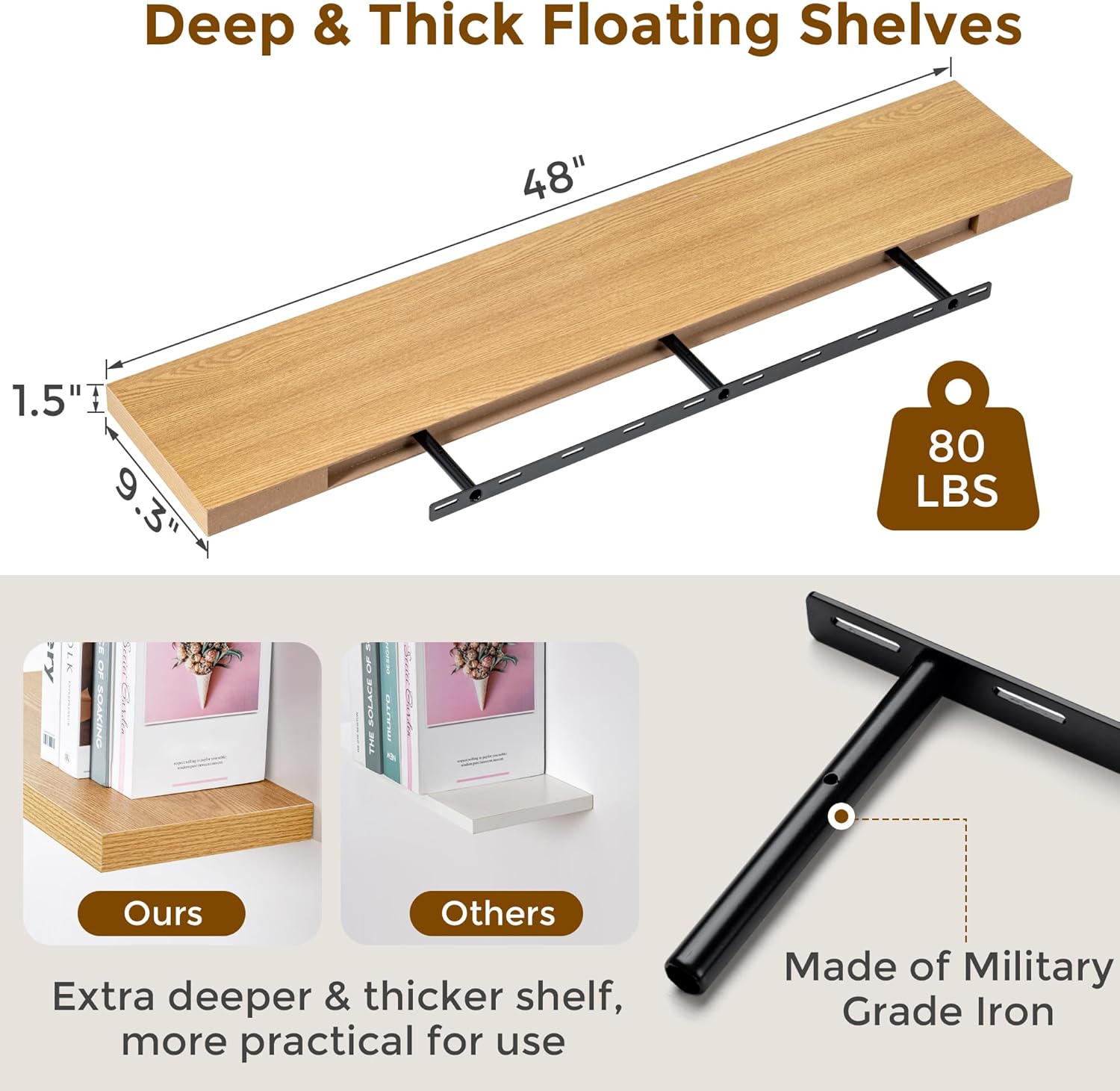 Floating Shelves 48 Inch Long, 9.3 Inch Deep Wall Shelf for Fireplace Mantel, Rustic Farmhouse Wooden Shelves for Wall Decor Bathroom, Kitchen, Office, Oak Color, Set of 1