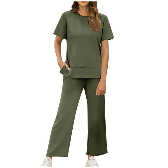 Women Summer 2 Piece Outfits Side Split Tunic Top and Wide Leg Pants Solid Casual Two Piece Set Women Set