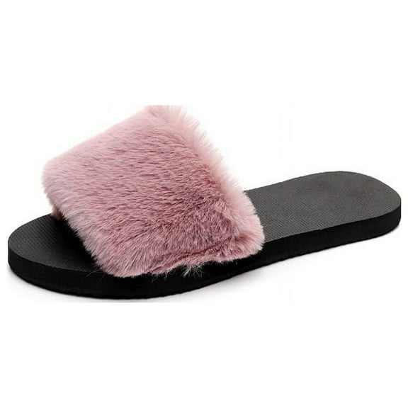 Womens Slides Sandals with Faux Fur Comfort Fuzzy Slippers