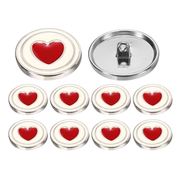 10pack Metal Shank Buttons, 15mm/0.59" Electroplating Silver Circles Heart Enamel Decorative Round Sewing Coat Button for Crafts Dress Blazer Coat Suit Cardigan, Red
