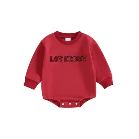 

Bslissey Baby Boys Valentine’s Day Romper 3M 6M 12M 18M Long Sleeve Letter Embroidery Bodysuit Infant Crew Neck Loose Jumpsuit Newborn Casual Daily Clothes