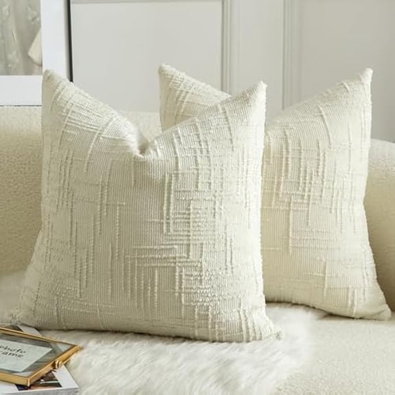 Eryueer Pack of 2 Solid Decorative Soft Chenille Cream White Cushion Covers 55x55cm 22x22 Inch Lumbar Accent Solid Throw Pillow Case Soft Cozy Luxury Pillow Covers for Sofa Couch Bedroom