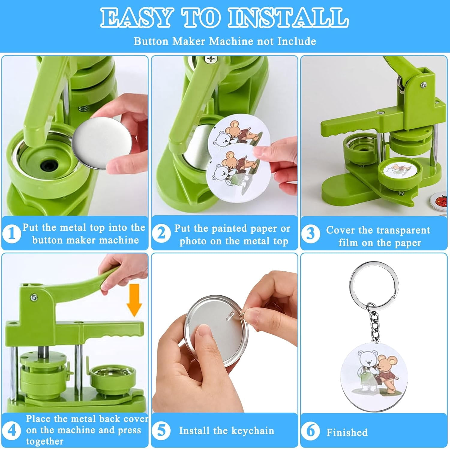 250Pcs Button Maker Keychain Supplies, 50 Sets 58mm Metal Keychain Making Supplies for Button Maker Machine, Badge Sets with Metal Shell Back Cover Transparent Film Blank Paper Chain