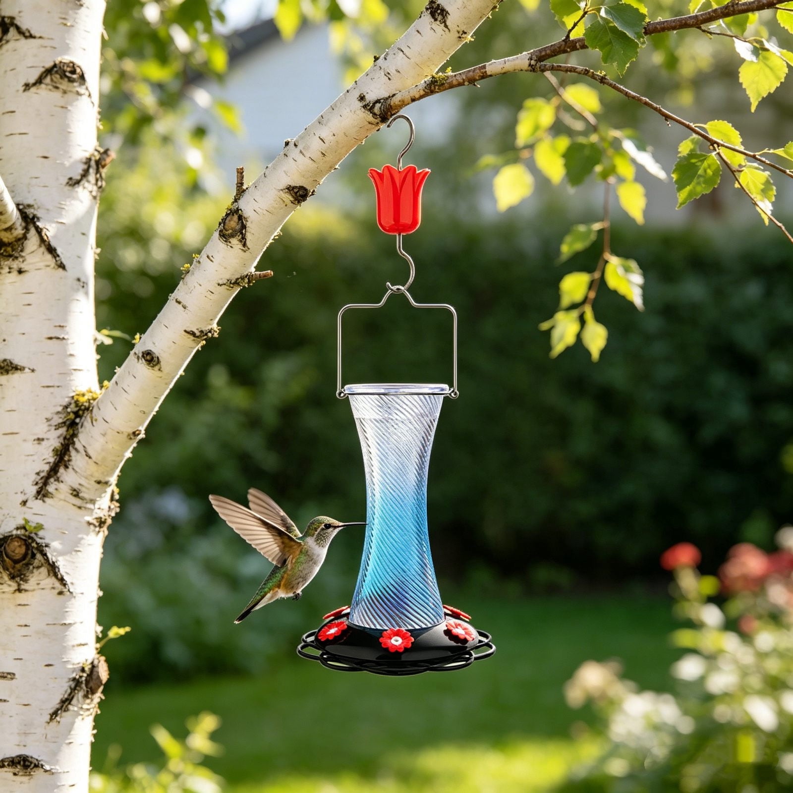 Hanging Glass Hummingbird Feeder, 7.8in Outdoor Decorative Wild Bird Nectar Feeder With Flower‑Shaped Ports