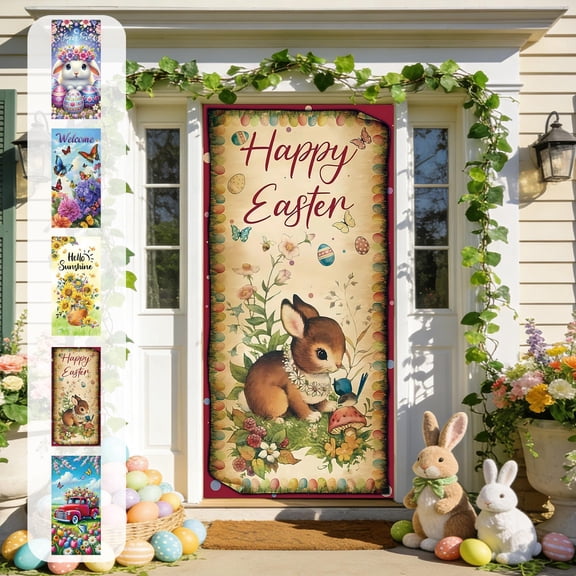 AZXY 35x71 Inch Happy Easter Door Cover, Vintage Bunny with Blue Bird Door Banner, Spring Rustic Porch Wall Hanging Decor for Easter Party