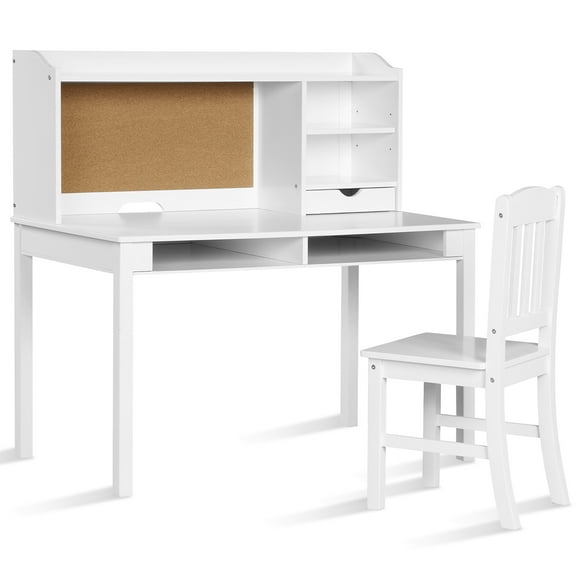 Costway Kids Desk & Chair Set Study Writing Desk w/ Hutch & Bookshelves White