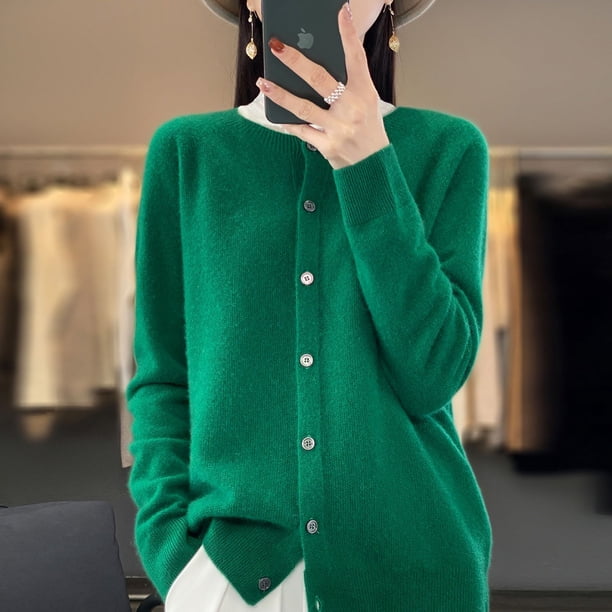 Suéter de lana de otoño e invierno, cárdigan de cuello redondo, suéter casual de color sólido para mujer, ropa de mujer a juego