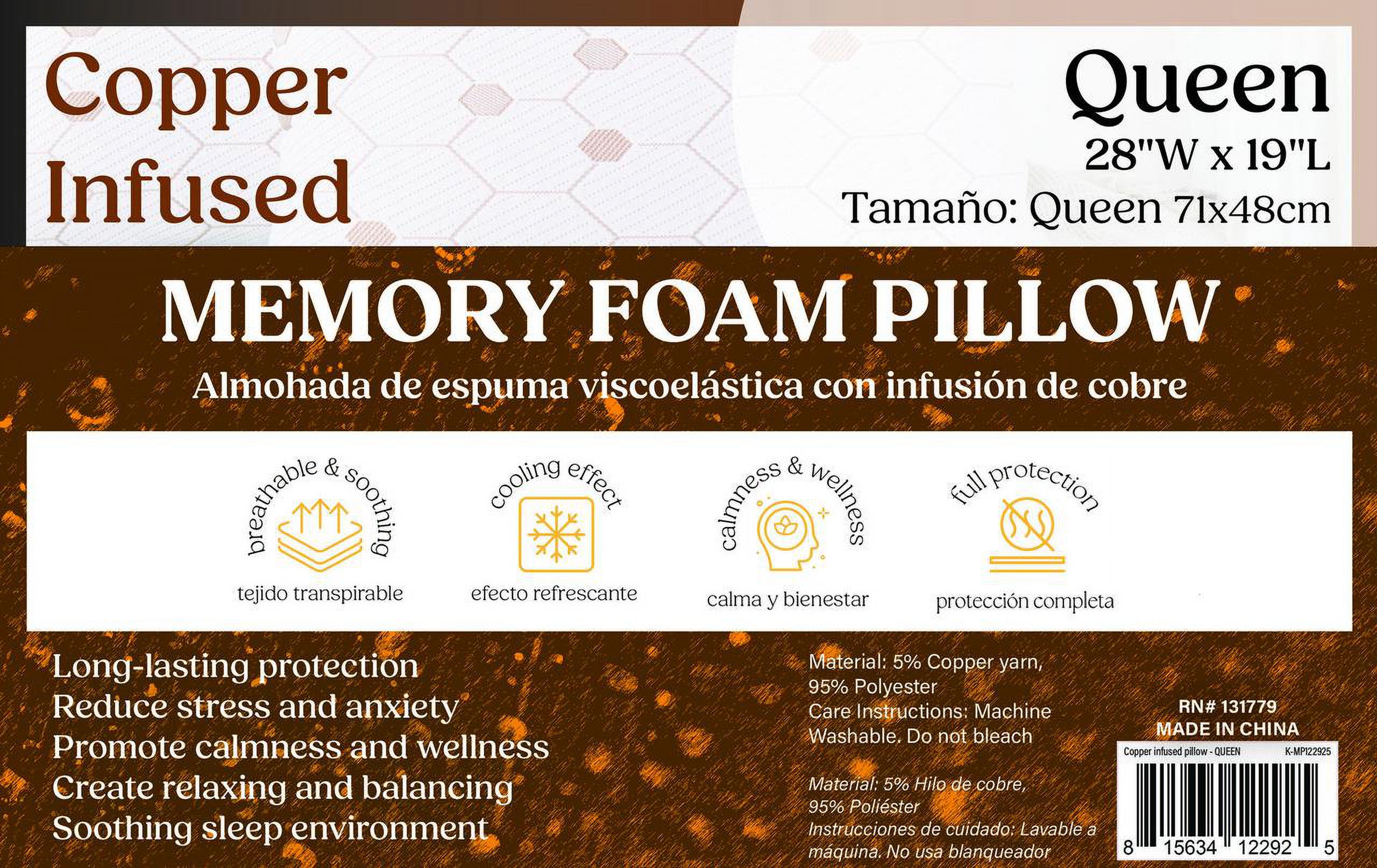 Memory Foam Pillow Queen Copper Infused - Cooling, Breathable, and Stress-Reducing Bed Pillow for Side Back Stomach Sleepers - Long Lasting - Queen Size
