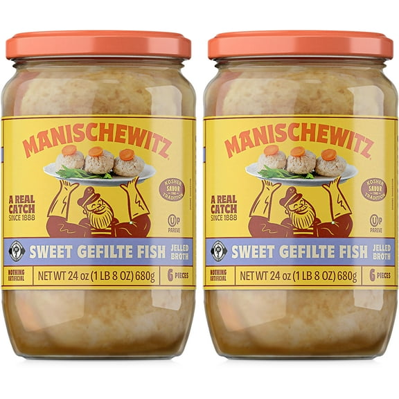 Manischewitz Sweet Gefilte Fish in Jelled Broth 24oz 2 Pack, Packed with Protein, No Added MSG, Kosher for Passover