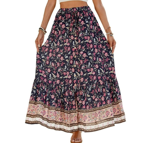 SWSMCLT Women's Gypsy Skirt Pleated Mid Rise Spring Aline Button Casual Elastic Ankle Length Summer Elastic Waist Navy 8