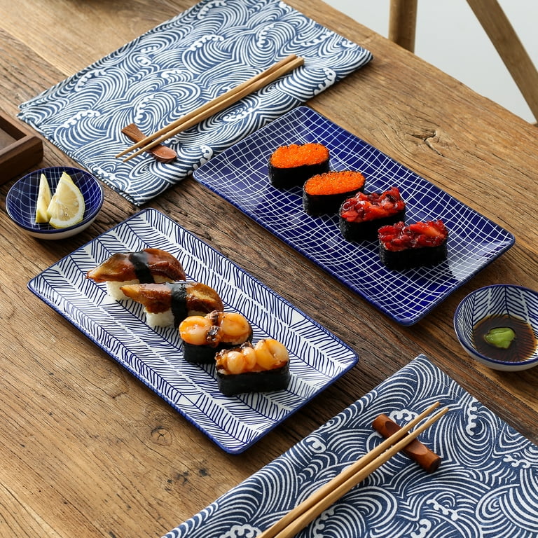 Ceramic Sushi Plate Set, Blue Plate Bowl and Chopstick Rest, Sushi