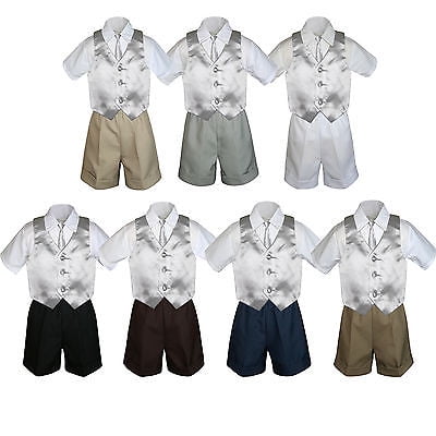 

4pc Set Boy Toddler Formal Silver Vest and Necktie Black Navy Khaki Shorts S-4T