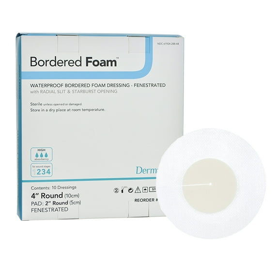 BorderedFoam Foam Dressing 4" Diam. Fenestrated Round With Border Waterproof Backing 00288E 10 per Box