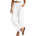 thumbnail image 3 of Women's Lightweight Textured Cropped Wide Leg Pants Elastic High Waist Rolled Hem Loose Casual Trousers with Patch Pockets Streetwear White, 3 of 6