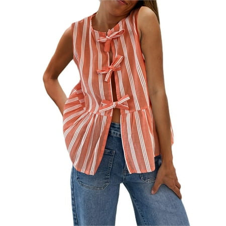 Bow Summer Shirt for Women Striped Sleeveless Crewneck Babydoll Blouse Casual Loose Open-Front Cardigan Shirt