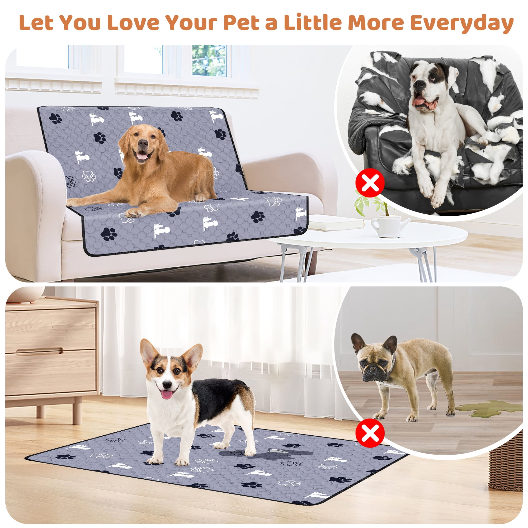 2 Pack 36" x 40" Washable Pee Pads for Dogs, Absorbent Reusable Puppy Pads, Non-Slip Pet Training Pads,Super Absorbent Pads for Playpen, Potty, Crate, Bed (with 60''L Dog Leash)