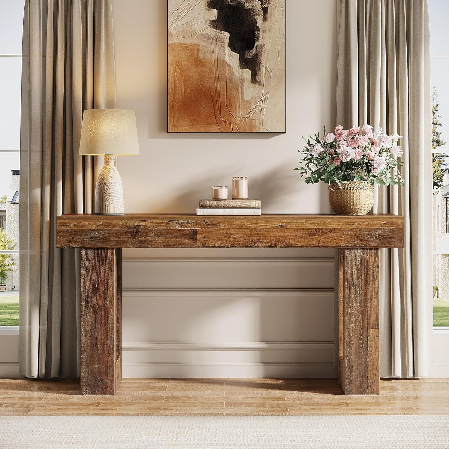 Tribesigns 63-Inch Farmhouse Console Table, Wooden Sofa Table Behind The Couch, Rectangular Entryway Table for Entrance, Hallway, Living Room (Mix Brown)