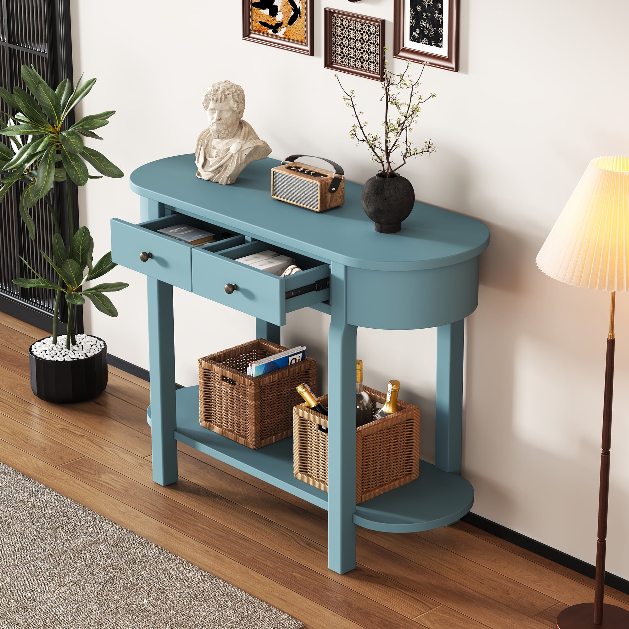 EUROCO 40" Narrow Console Table,Retro Entryway Table with Open Storage Shelf, 2 Drawers and Corner-Curved Design,Sofa Table Behind Couch for Entryway, Hallway and Living Room,Green