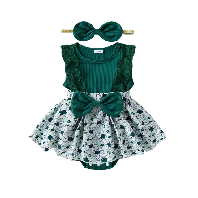 EYIIYE Robe Barboteuse Irlandaise pour Bébé Fille Nouveau-Né Manches en Dentelle Combinaison Robe Trèfle à Quatre Feuilles Imprimé à Carreaux Col Rond Justaucorps Robe Côtelée Patchwork et Petite Fille Vêtements Décontractés Mignons Quotidiens