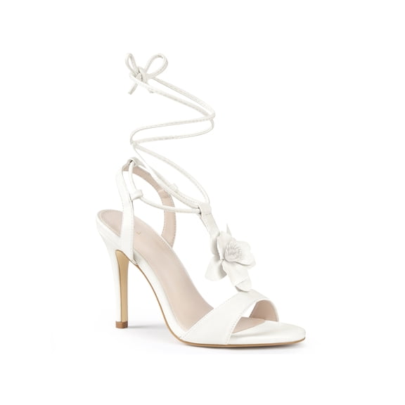 BLISSFUL STEP Flower Lace Up Stiletto Heel Slingback Strappy Heels Sandals for Women White (Size 6)
