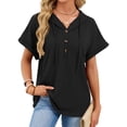 thumbnail image 2 of Women Summer Tops Waffle Knit Short Sleeve Drawstring Hoodies Button V Neck Casual Blouses Shirts, 2 of 9