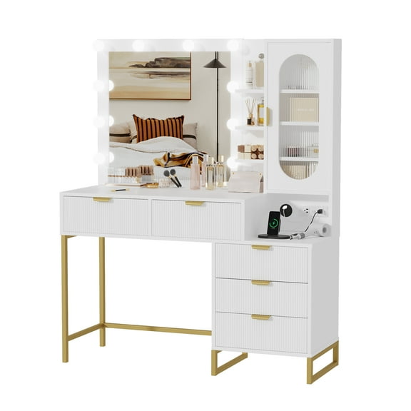 Vanity Desk with Mirror, 12 LED Bulbs and Power Outlet Makeup Vanity Table with 5 Drawers, 4 Storage Open Shelves and 4 Storage Shelves Cabinet Dressing Table for Bedroom Dressing Room