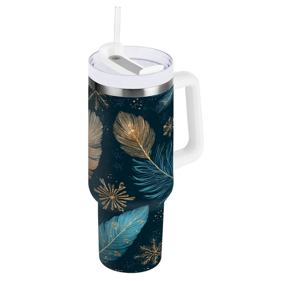 40 oz Insulated Stainless Steel Tumbler Double Wall Stainless Steel Tumbler with 2-Way Drinking Snowflake and Feather Pattern