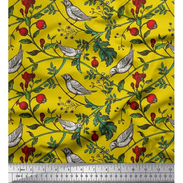Soimoi polyester Crepe Fabric Bird & Leaf Bird Printed Craft Fabric by the Yard 52 Inch Wide