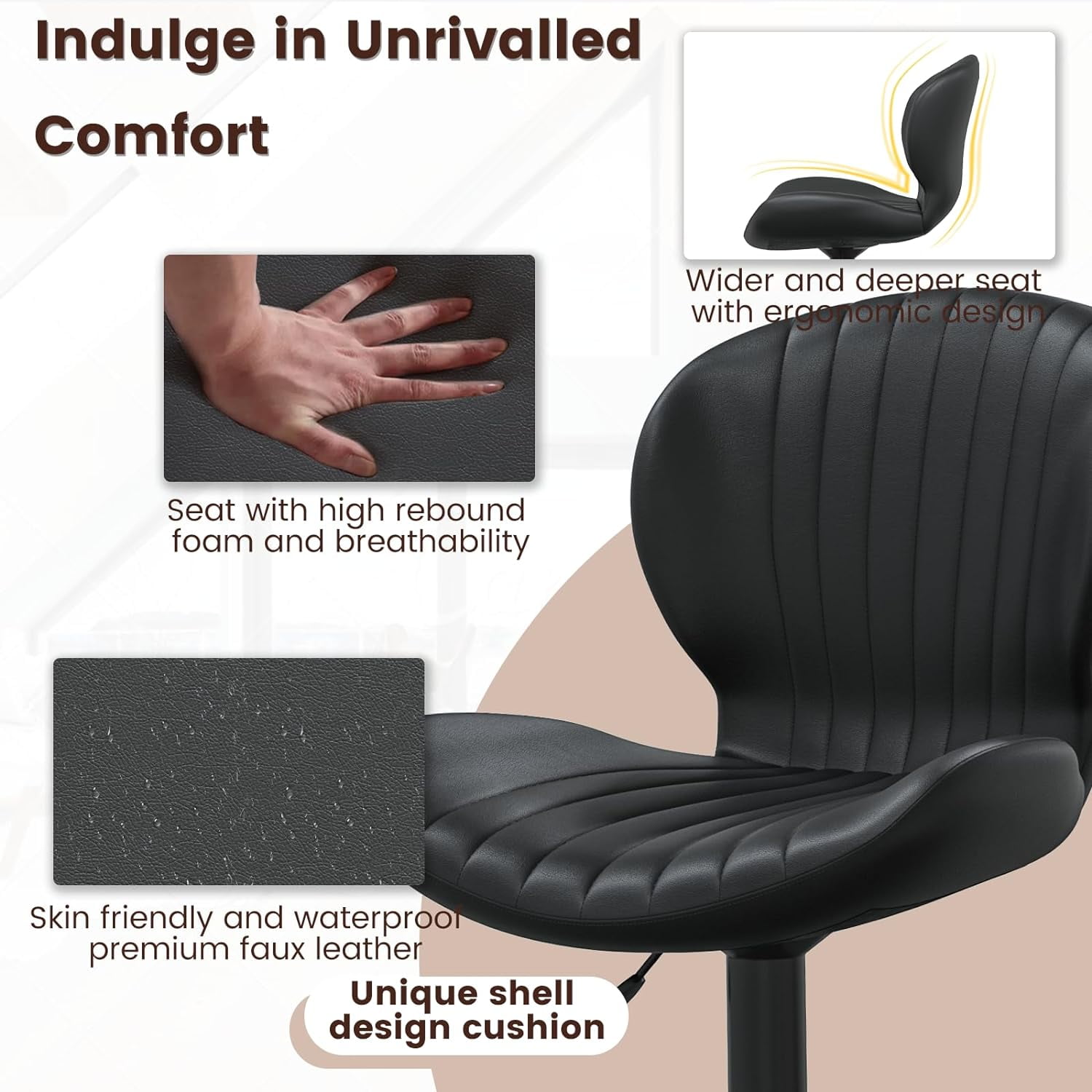 Waleaf Modern Adjustable Bar Stools Set of 2, Faux Leather Upholstered Swivel Counter Stools, Counter Height Bar Chair with Back for Kitchen Island
