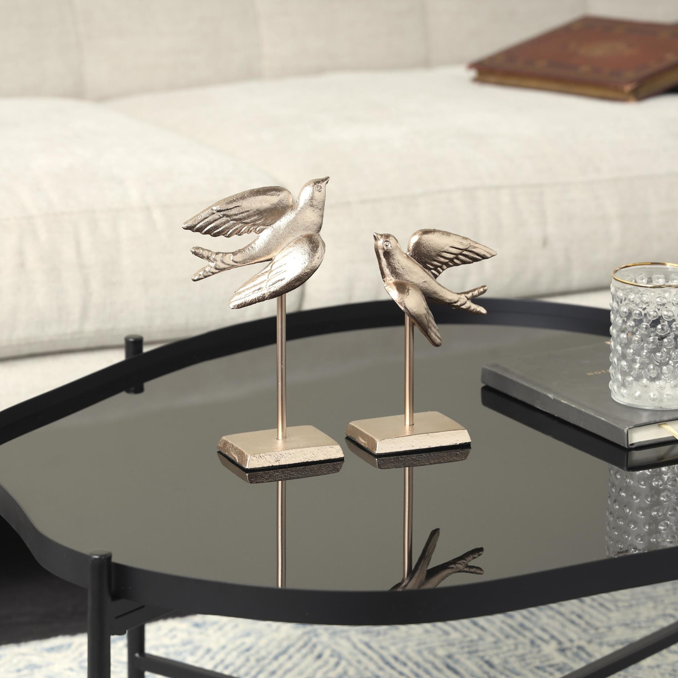 9", 7"H Gold Metal Metallic Bird Sculpture with Stand, by DecMode (2 Count)