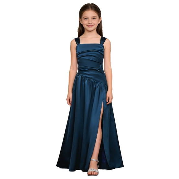 Yartina Junior Bridesmaid for Teens Ruched Long Maxi A Line Split Satin Flower Girl Formal Gown for Wedding Navy Blue 10