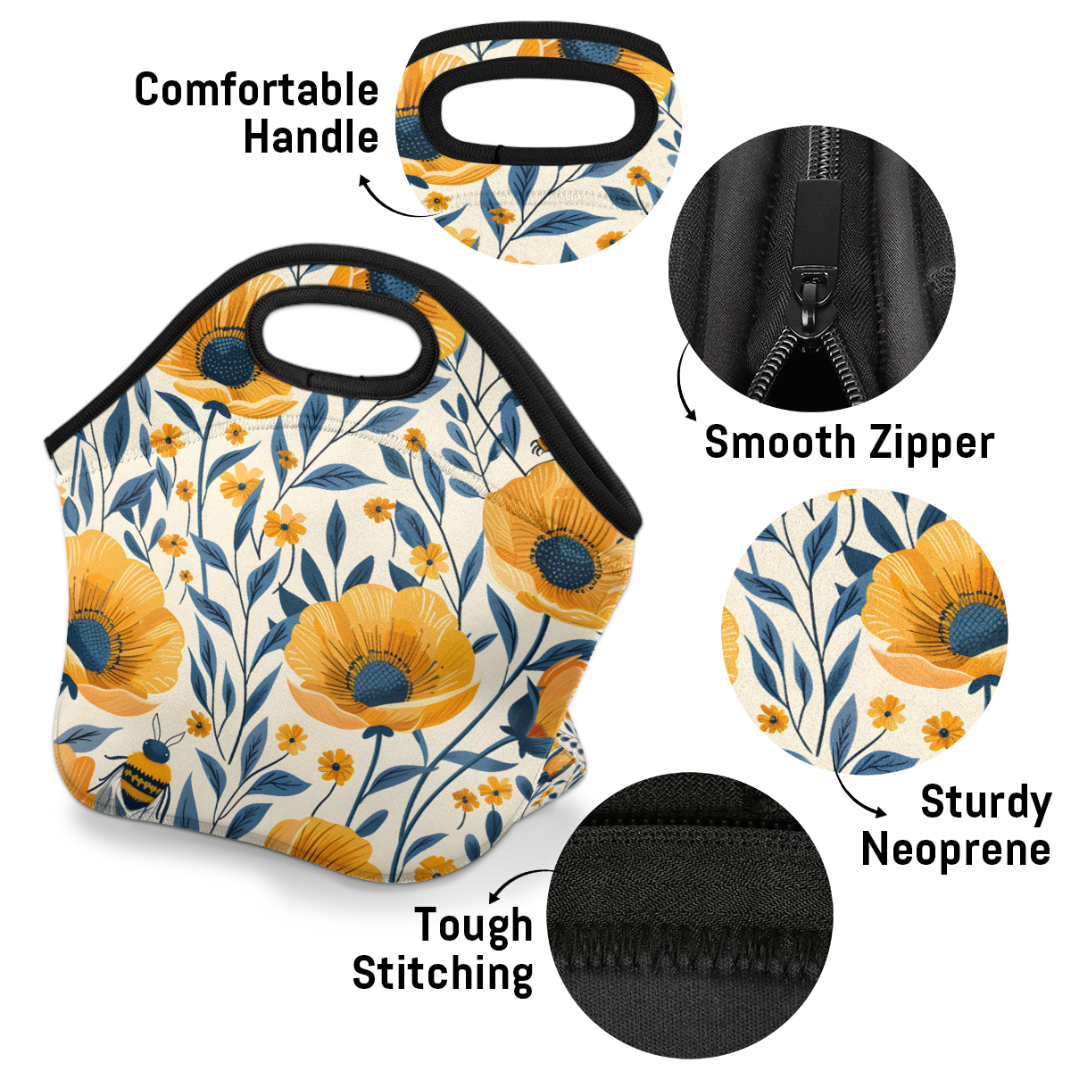 Herdesigns Yellow Floral Neoprene Lunch Bag, Bee Flower Insulated Lunch Box for Women Men Washable Lunch Tote Soft Lunch Container With Zipper for Work Picnic Travel