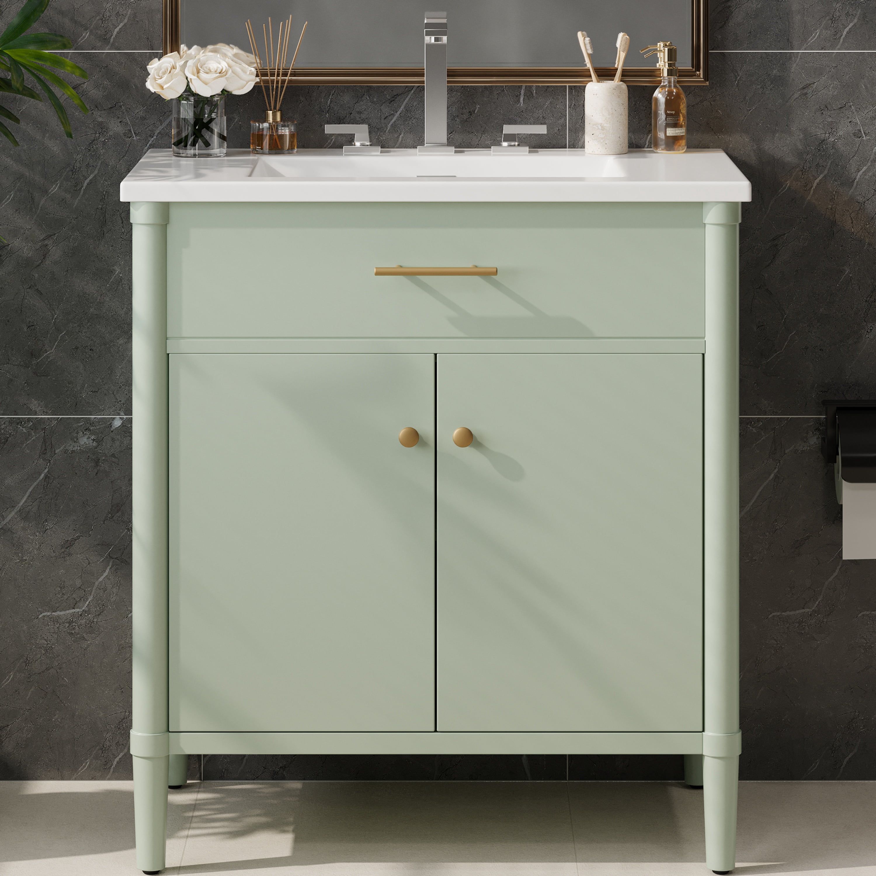 Euroco 31" Bathroom Vanity with Sink, Bathroom Cabinet with Soft Close Doors and Adjustable Shelf, Curved Profile Design, Rubber Wood Legs, Green