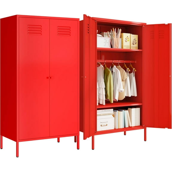 Metal Wardrobe Coat Cabinet with Adjustable Shelves and Hanging Rod,Storage Closet Locker for Bedroom, Room,Office, Home, School,Almirah for Clothes,Blanket. (2 Door Long Rod, Red)