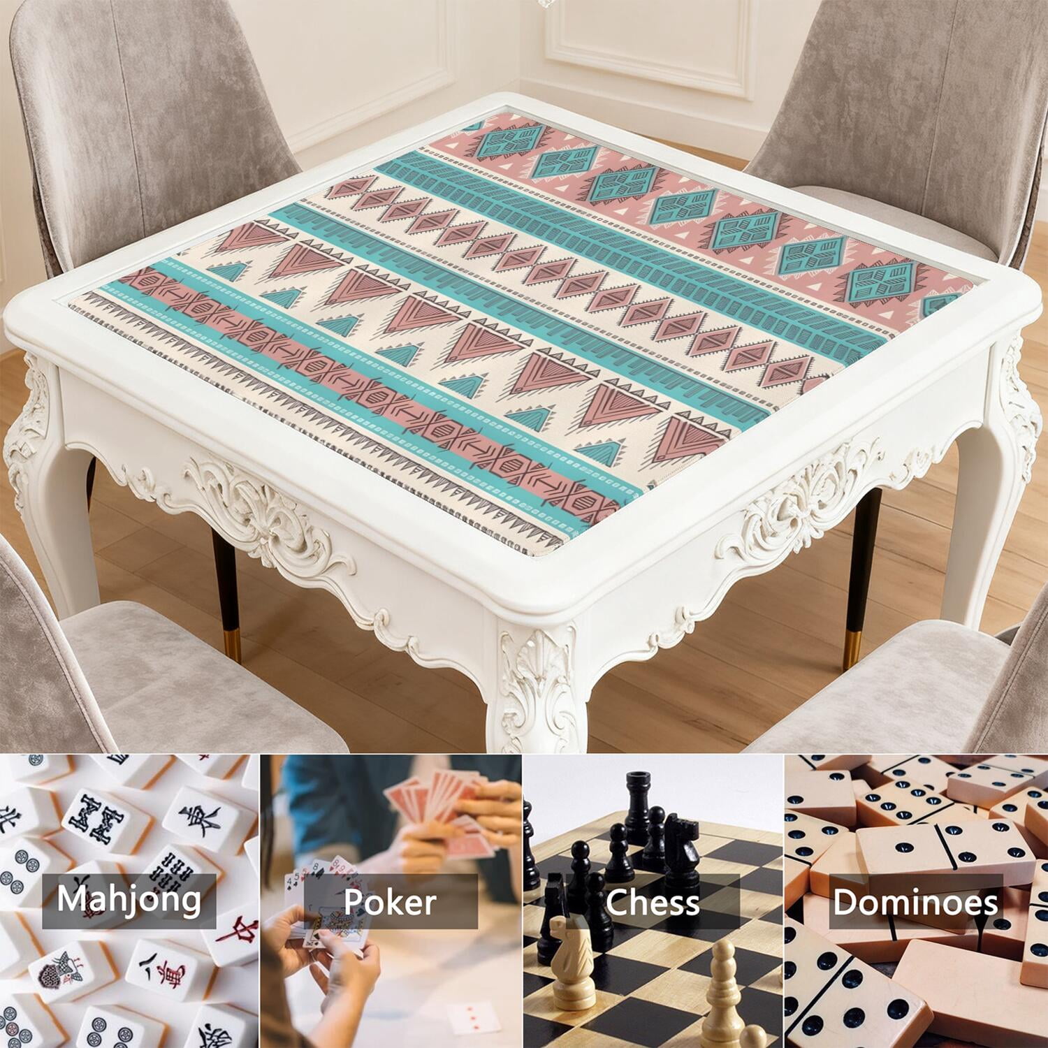 Classic Boho Style Non-Skid Rubber Mahjong Mat 31.5 Inch Square Large Playing Surface with Noise Reduction for Game Room Family Fun and Cards