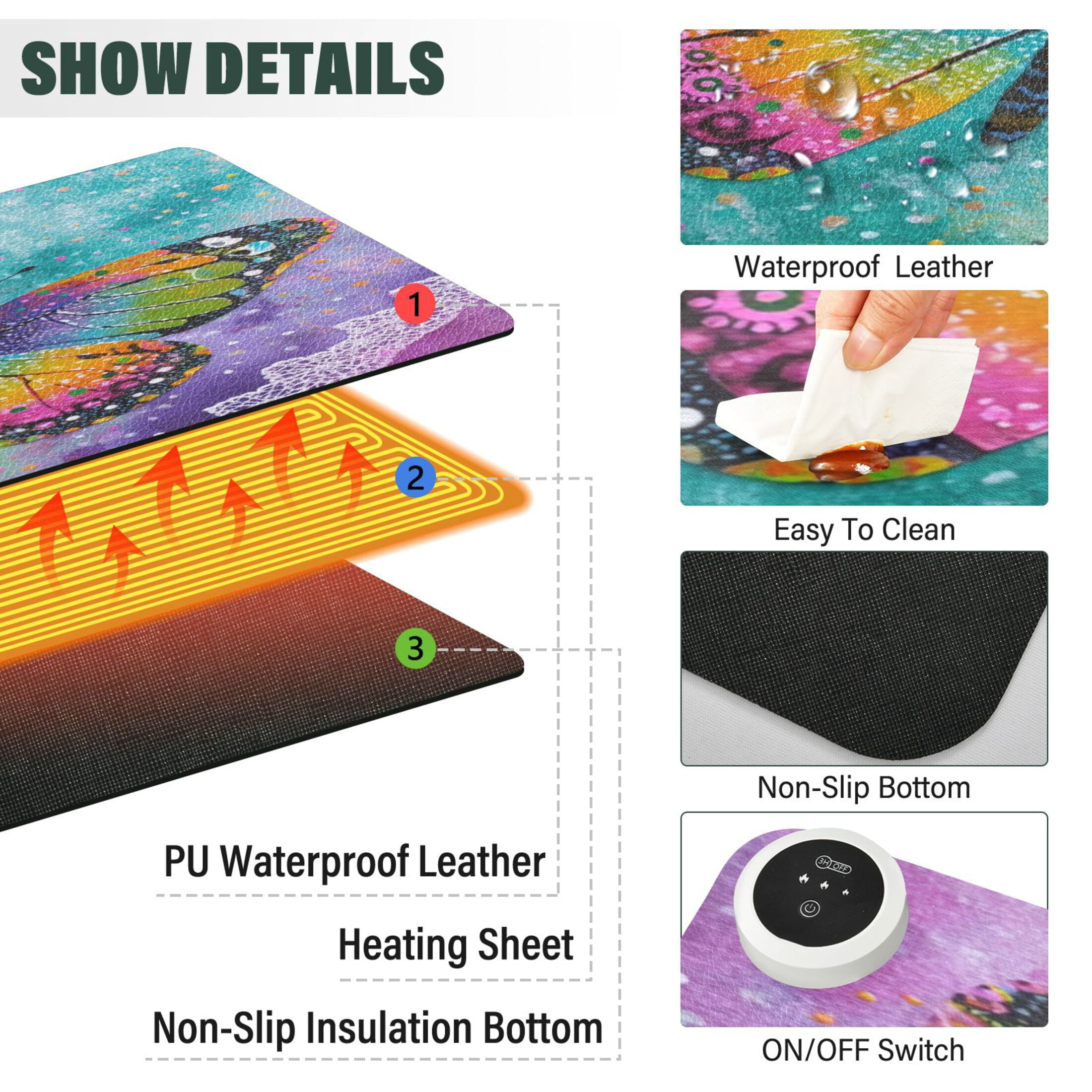 Wobogo Monarch Butterfly Heated Mouse Pad Extra-Large Desk Mat With 3 Heating Levels and 3-hour Auto Shut-Off Protection Ideal for Computer Keyboards Home Office Hand-warming Essential 31.5in × 13in