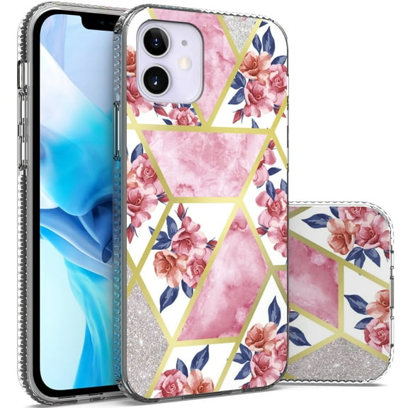 CoverON Apple iPhone 12 Mini Case (5.4"), Slim Lightweight Scratch Resistant Glossy Phone Cover bumper Grip, Marble Glitter Flower