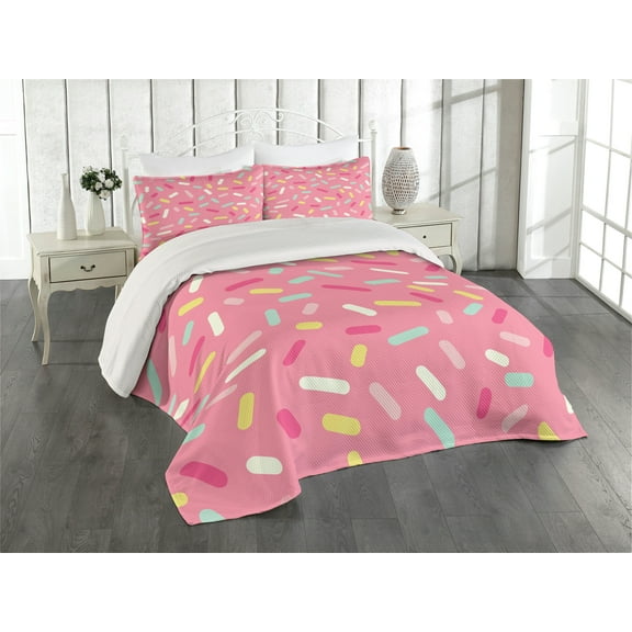 Ambesonne Pink and White Quilted Coverlet 3 Pcs, Donut Sprinkles, King Size, Multicolor