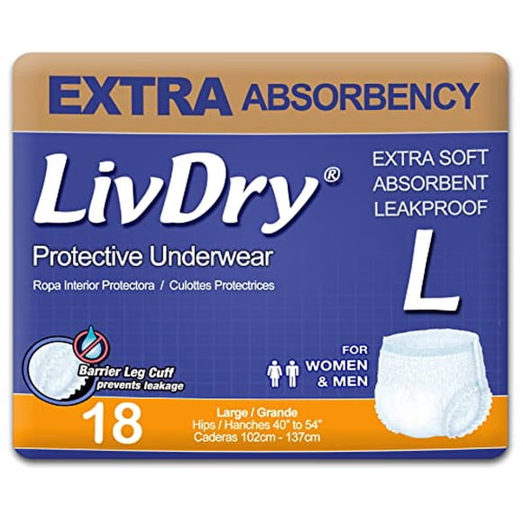 LivDry sous-Vêtements d'Incontinence pour Adultes, Couches pour Adultes à Absorption Accrue, Protection contre les Fuites, Grand, Lot de 18