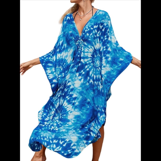 Vestido Caftán con Estampado Animal para Mujer, Talla Grande, para Playa, Verano 2025 Azul Ahumado Talla Única